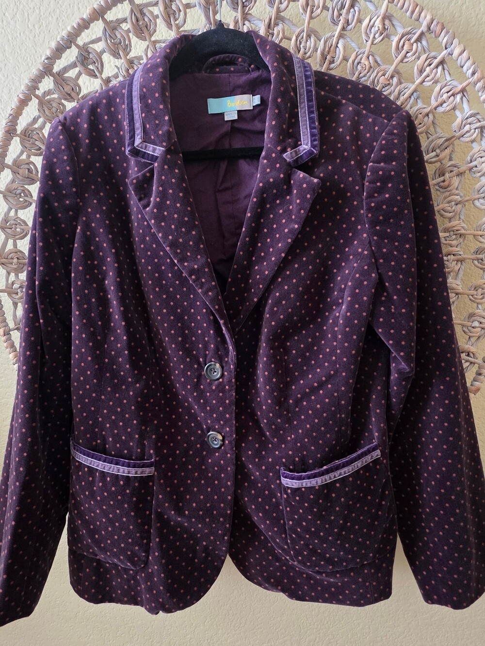 Boden Velvet Blazer Size 16 Women Purple Pink Polka Dot Cotton Jacket Fall